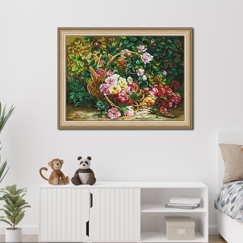 JoySunday DIY Rosa Sinensis Muster Gedruckt Kreuzstich Kits Aida 16/14CT Weiß Stoff Leinwand Nadel Stickerei Sets Home Decor – Detail 3