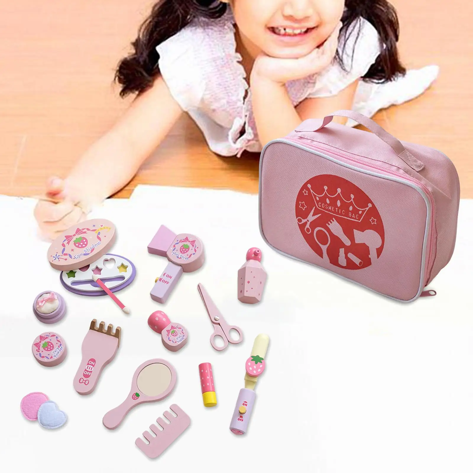Miniature Pretend Makeup Game with Storage Bag Washable Wooden Party Favors