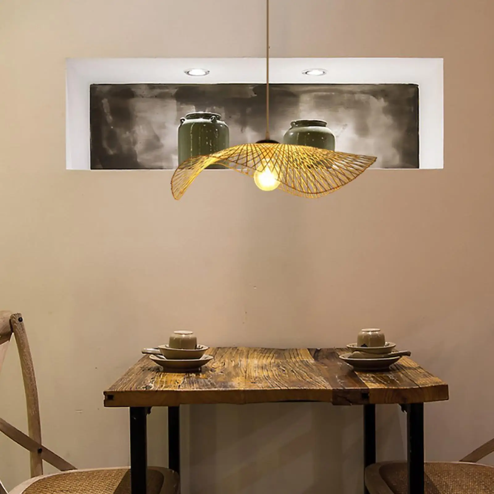 Bamboo Wicker Chandelier Lamp Fixtures Ceiling Pendant Light for Restaurant