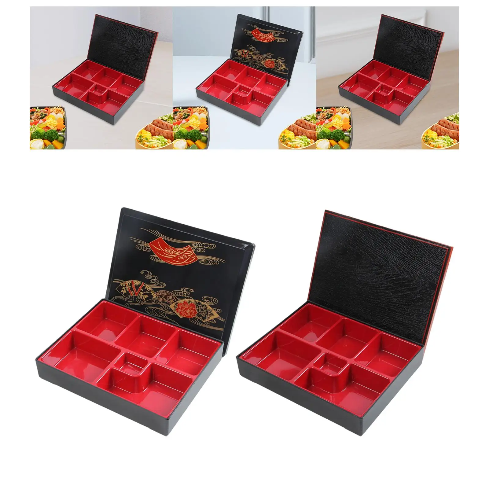 Japanese Bento Box Red and Black with Lid Snack Serving Tray Serving Dish for Picnic Restaurant Office Home Sushi, Rice, Sauce