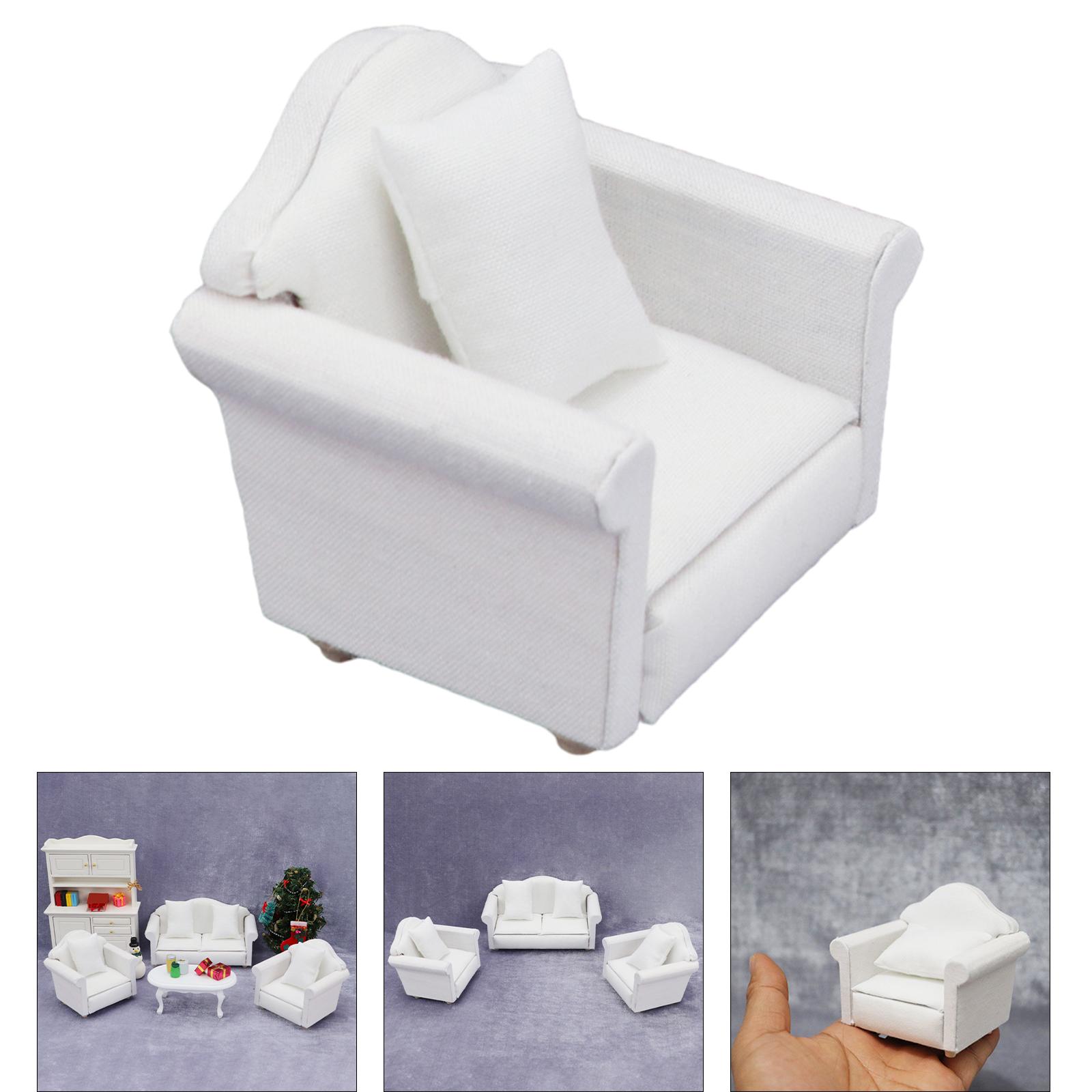 Miniature Wood Upholstered Sofa & Cushion White for 1:12 Doll House Toys DIY