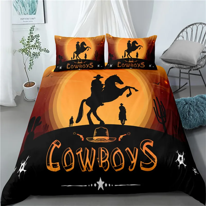 Horse Duvet Cover Vintage Rodeo Cowboy Riding Bull Wooden Old Sign Western Style Wilderness at Sunset Image Bedding Set For Boys