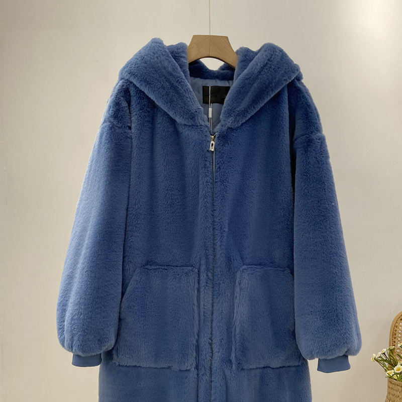 Winter Fashion Runaway Luxury Brand Long Faux Fur Coat Women Jacket Zip Hooded Thick Warm Fake Rabbit Fur Plush Overcoats