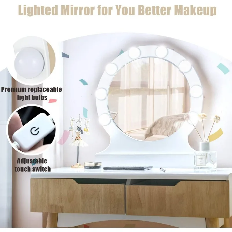 Se26d181b987341e2acb71f06a72bf539o Giantex Vanity Set with Round Lighted Mirror, Makeup Dressing Table, Bedroom Makeup Table with Cushioned Stool ,Vanity Table