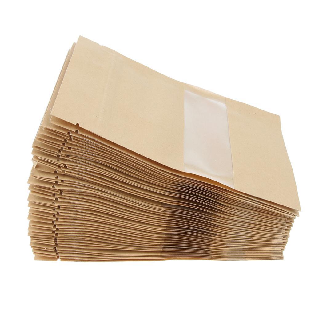 100x Kraft Paper Food Bags Self Sealing Zipper Stand up Bags Pouch w/ Notch&Matte Window Bags Kraft Paper Containers - 9x14cm