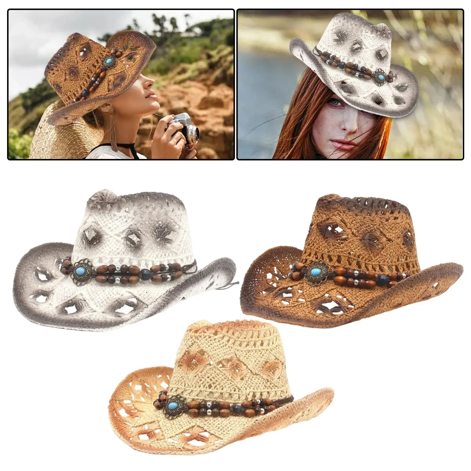 Straw Cowboy Hat Vintage Cowgirl Hats for Women Men Summer Travel Horseback Riding