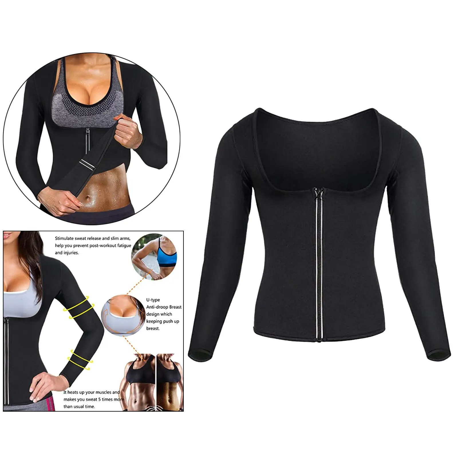 Women`s Neoprene Sweat Sauna Suit Body Shaper Workout Weight Loss Hot Waist Trainer Shirt Top with Sleeves