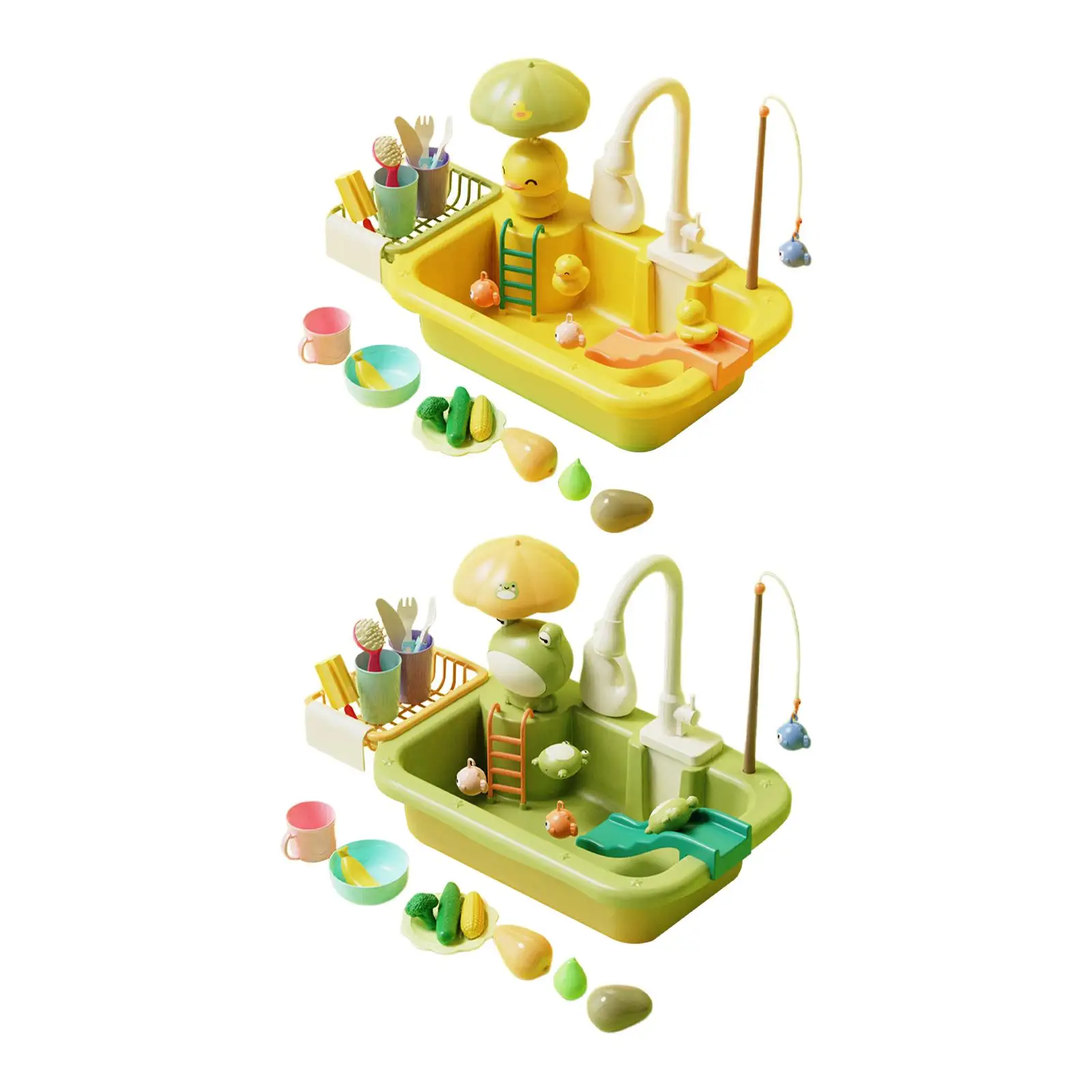 Kitchen Sink Toys Automatic Water Cycle System Pretend Play Faucet and Dishes Playset for Unisex Girls Boys Gifts