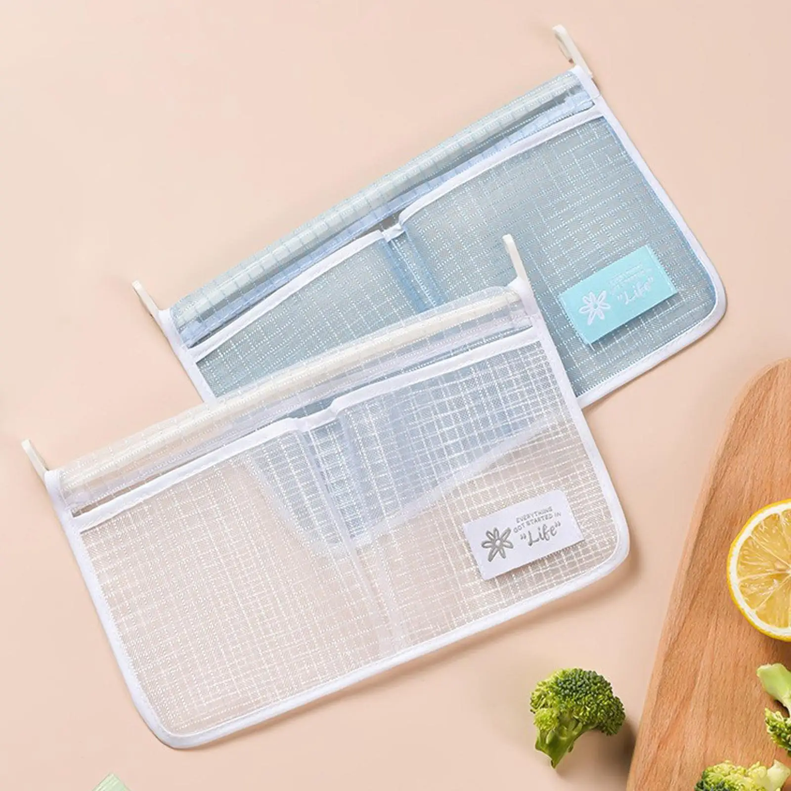 Fridge Storage Mesh Bags Multifunction Makeup Holder Tote Bags Double Compartment Hanging Organizer Bags with Hooks