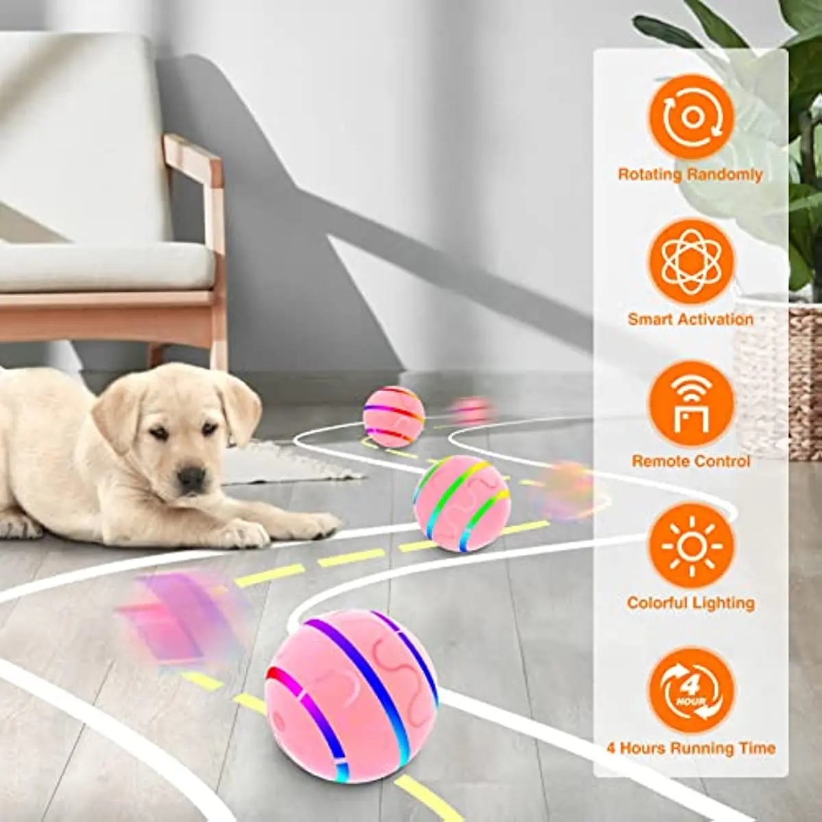 A big pup is laying on a floor with neon colored balls.