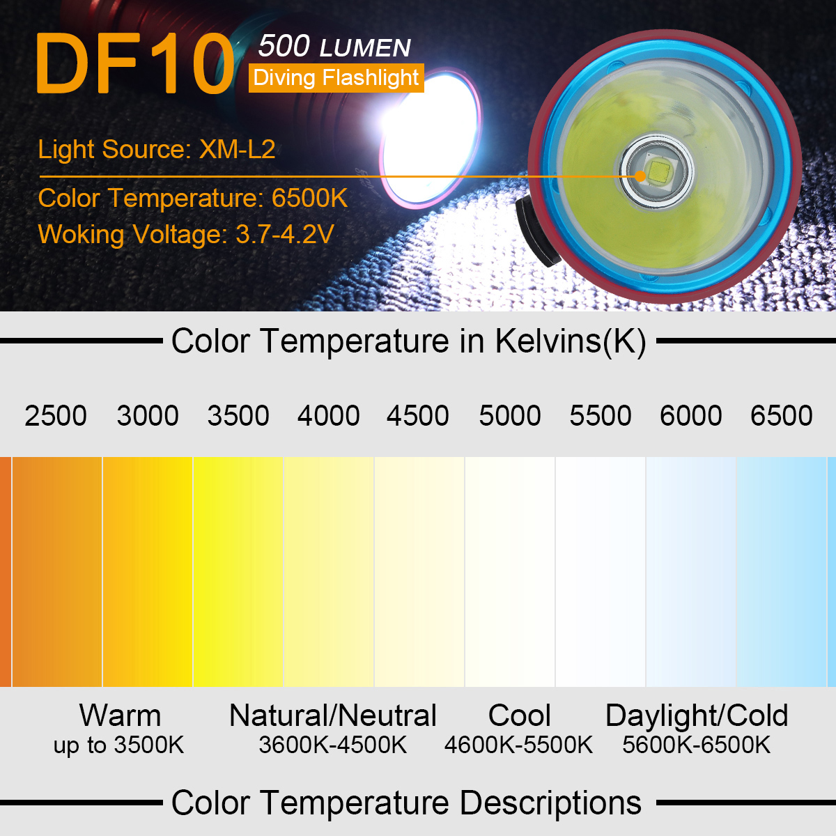 dwaterproof água 500 lumens motim mergulho tocha