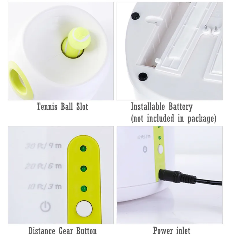 Una máquina de pelotas de tenis, que es un dispositivo que se utiliza para practicar tenis alimentando automáticamente las pelotas a un jugador. La máquina tiene varias características:

1. **Ranura para pelotas de tenis**: Aquí es donde se insertan las pelotas de tenis.
2