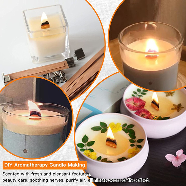 Kit 100 Mèches Bougie En Bois Naturel Avec Bases Métal - Parfait Pour Création Bougies DIY Maison