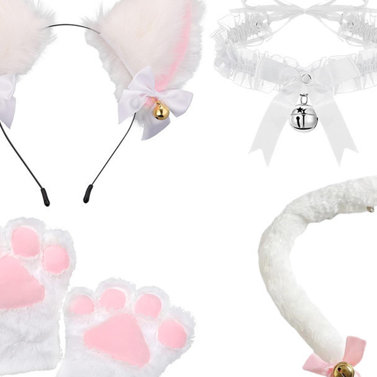 Katzen ohr und Schwanz Pfote Lolita Cosplay Kostüm Set Plüsch Ohr Glocke Stirnband Bowknot Kragen für Karneval Maskerade Festival Requisiten – Detail 4
