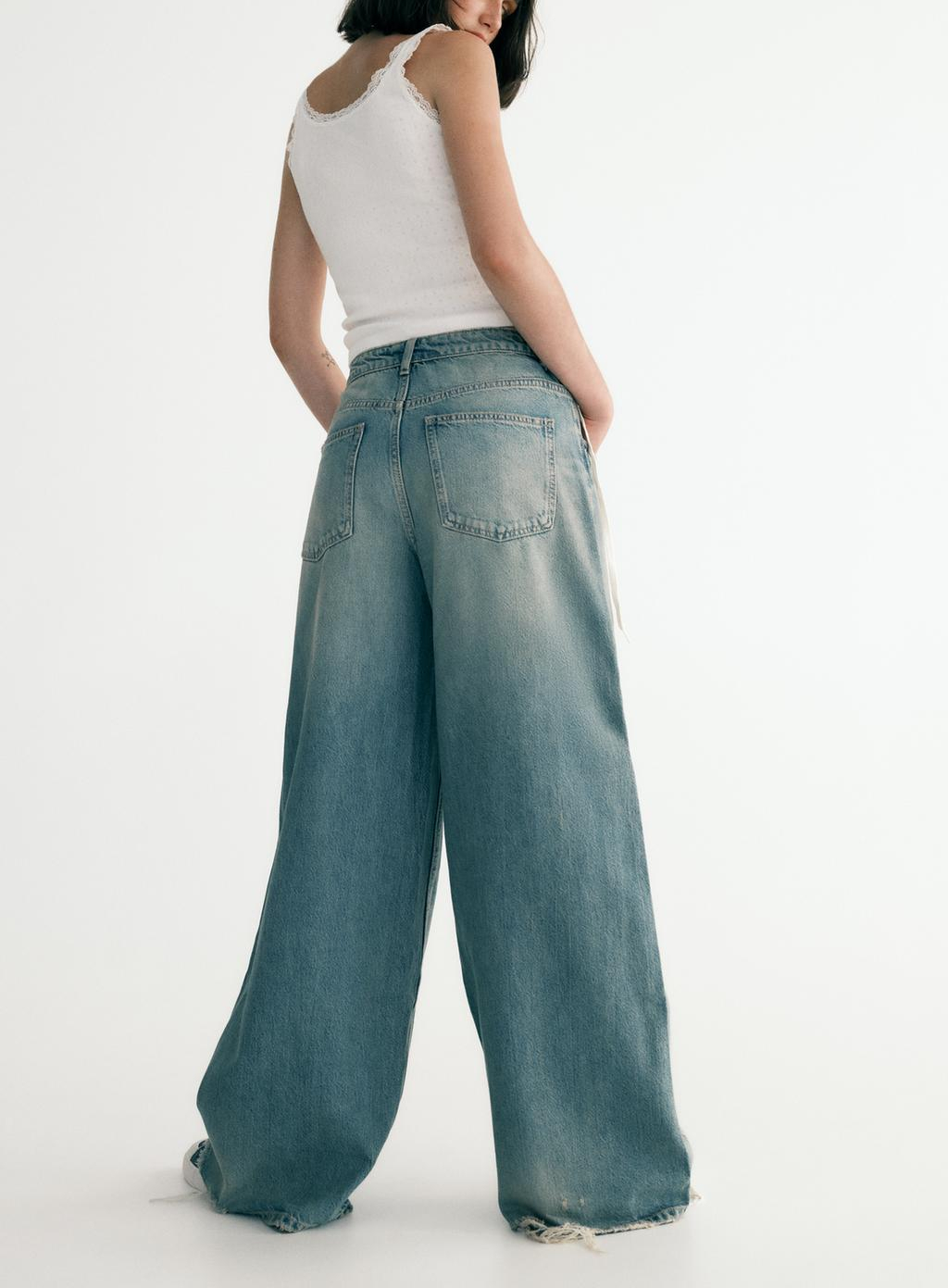 Autunno Donna Giacca di jeans oversize Jeans a gamba larga Abito con risvolto Maniche lunghe Giacca di jeans Cappotto Jeans strappati a gamba larga a vita bassa_voghion.com