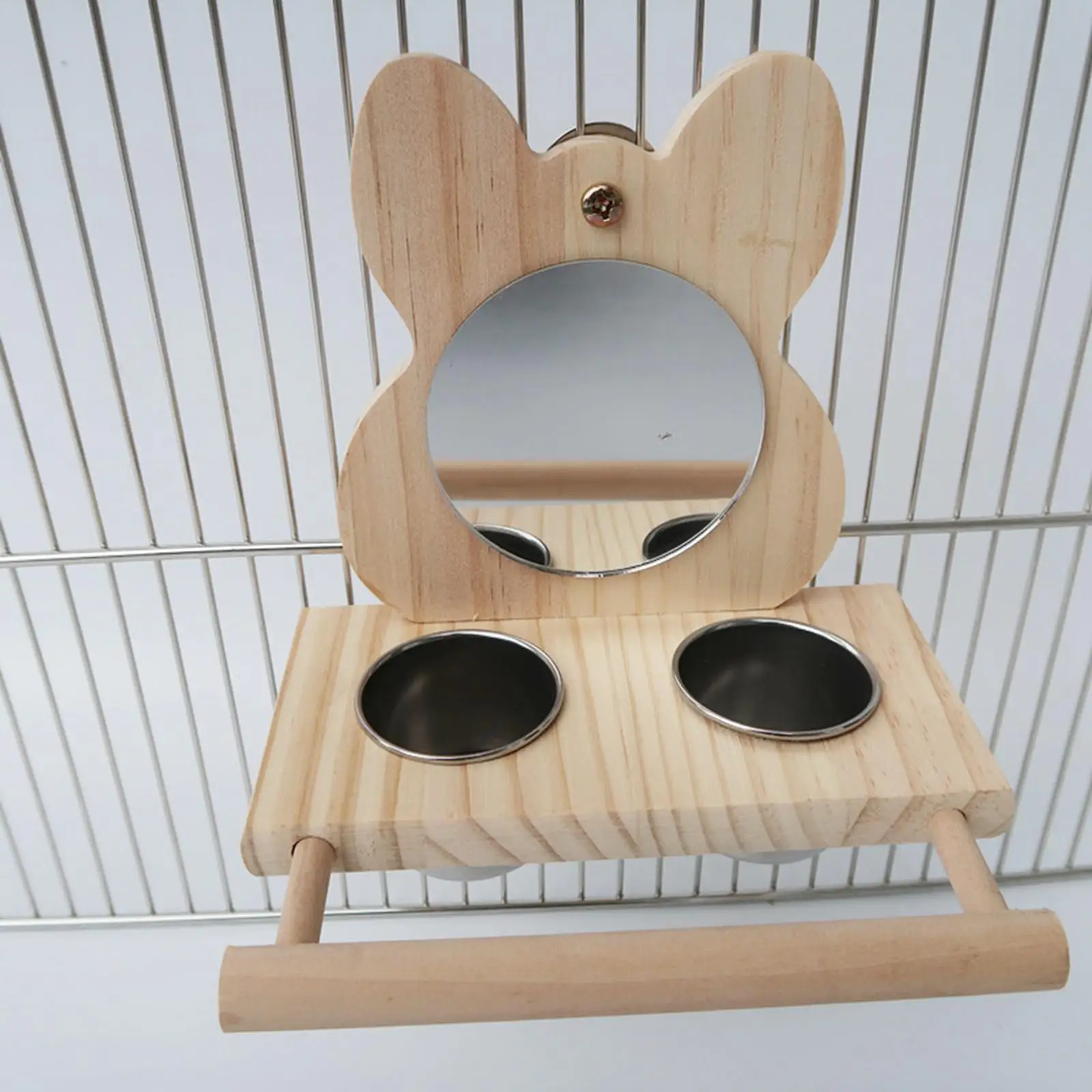 Parrots Mirror Feeder Cups Cage Perches Wooden Frames Dish Accessories Feeding Cup for Cockatiel Budgie Parakeet Finch Cage Toy