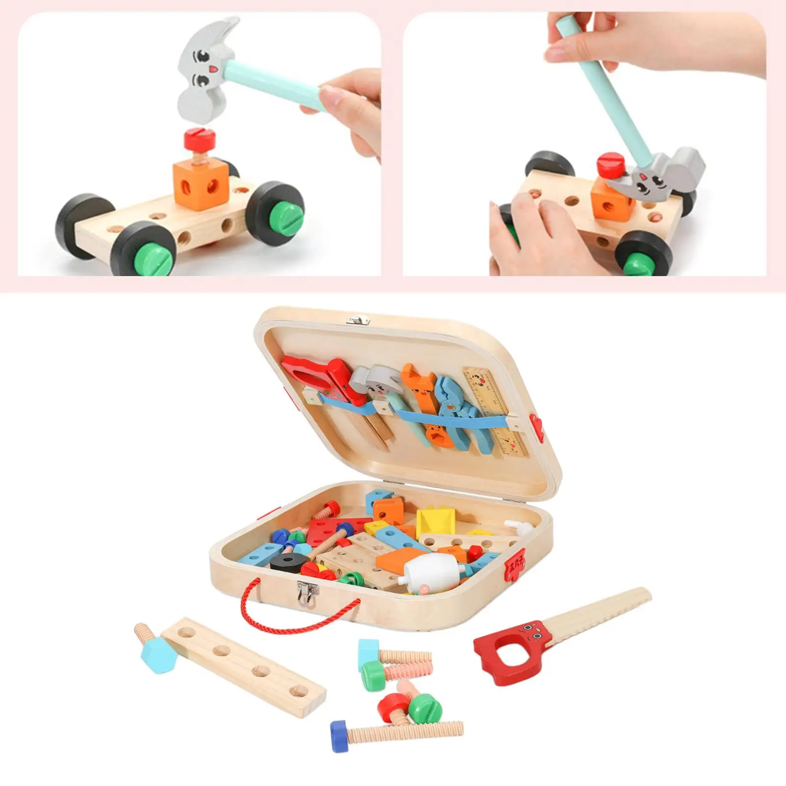 Wooden Kid Tool Set for Toddlers Smooth Wooden Toy Tool Box for DIY Home Bedroom Living Room and 3 4 5 6 Year Old Boys and Girls