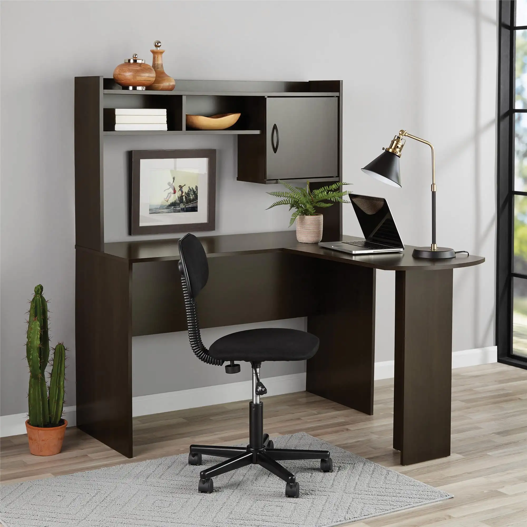 L-Shaped Desk with Hutch, Espresso furniture mesa ordenador escritorio office table