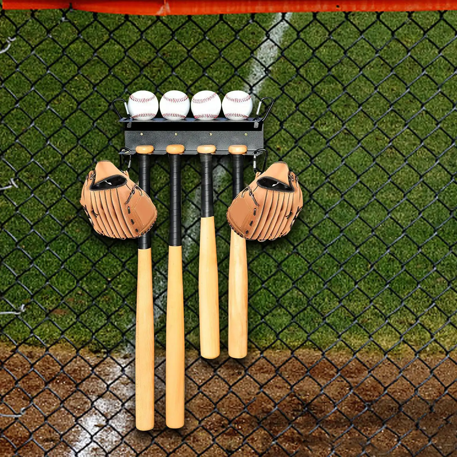 Baseball Bats Shelf Ball Rack sports Organizer Hold 4 Bats 4 Balls Iron Hanging Display Hanger for Indoor Sports Home