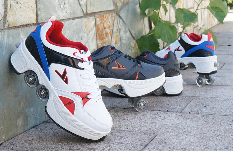 Four-Wheel Dual-Use Skating Shoes Double-Row Roller Men's Casual Sneakers Women's Men's Sport Walking Running Shoes