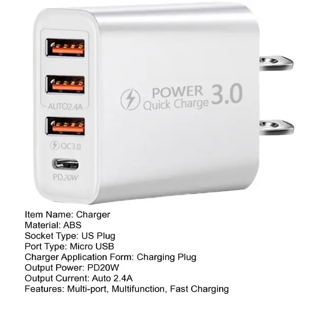 Practical Convenient Stable Output AUTO2.4A Travel 3 USB And Type-C Ports  Wall Charger Mobile Phone Adapter Fast Charging