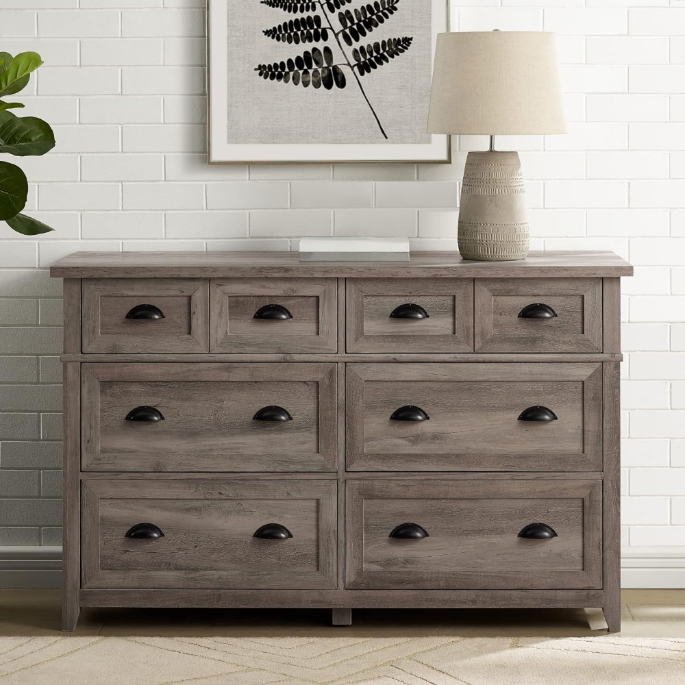 Description Picture 6 of itemDressing Table Grey Wash Make Up Table Hazel Modern Farmhouse 6 Drawer Framed Dresser With Half-Moon Handles 52 Inch Vanity Desk