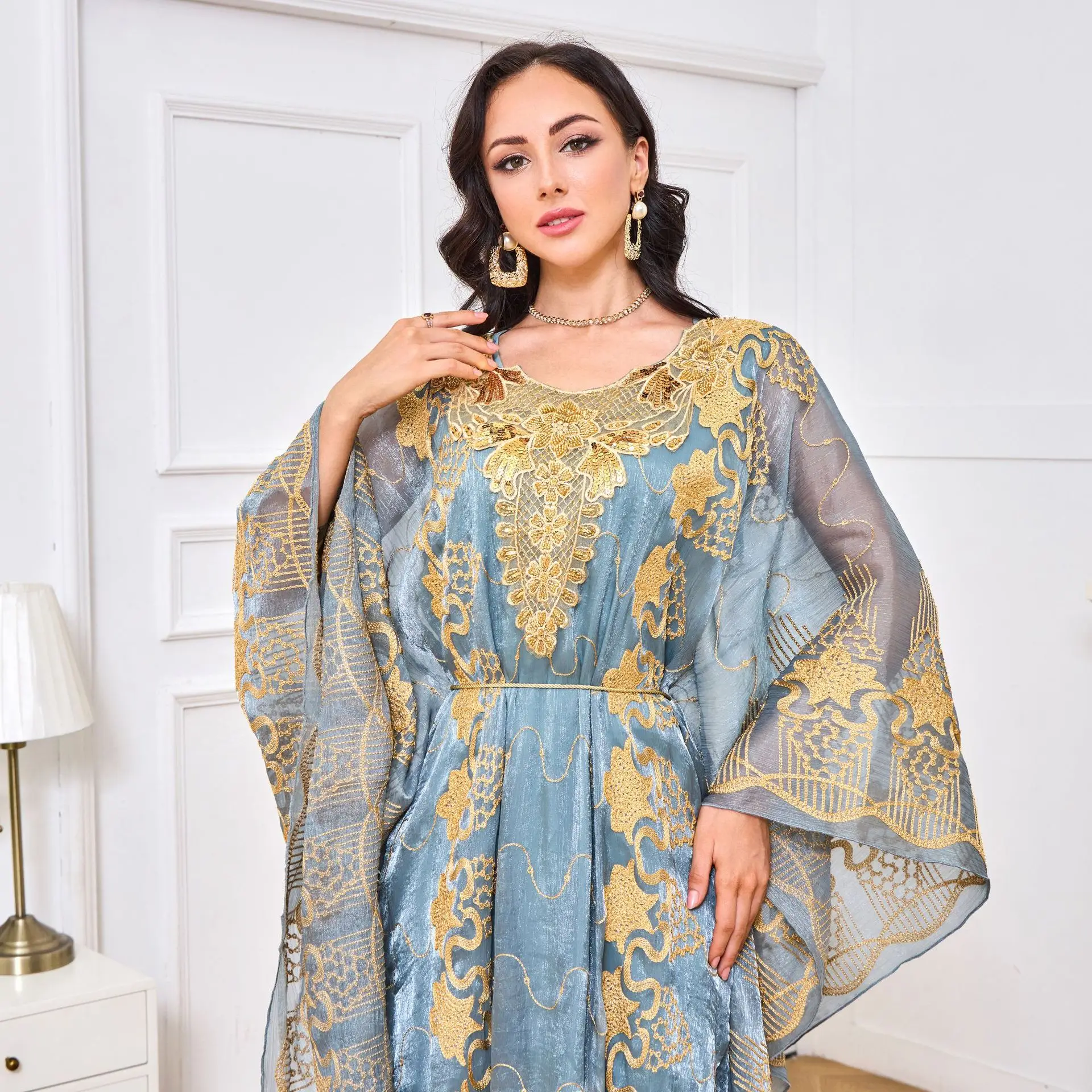Middle Caftan Moroccan Eid Muslim Robe Embroidered Party Dresses Dinner Two Piece Dress Sets Vestido Jalabiya Abaya Ramadan