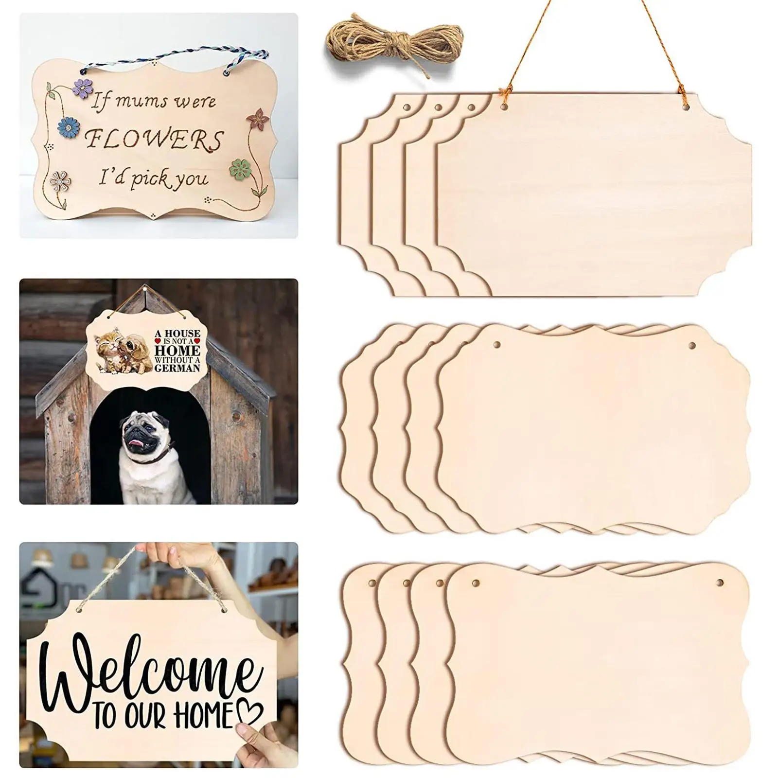 12Pcs Unfinished Blank Signs DIY (Beige) Plain Plaque with Rope Rectangle Wood Decorative Banners for Craft Christmas Crafts
