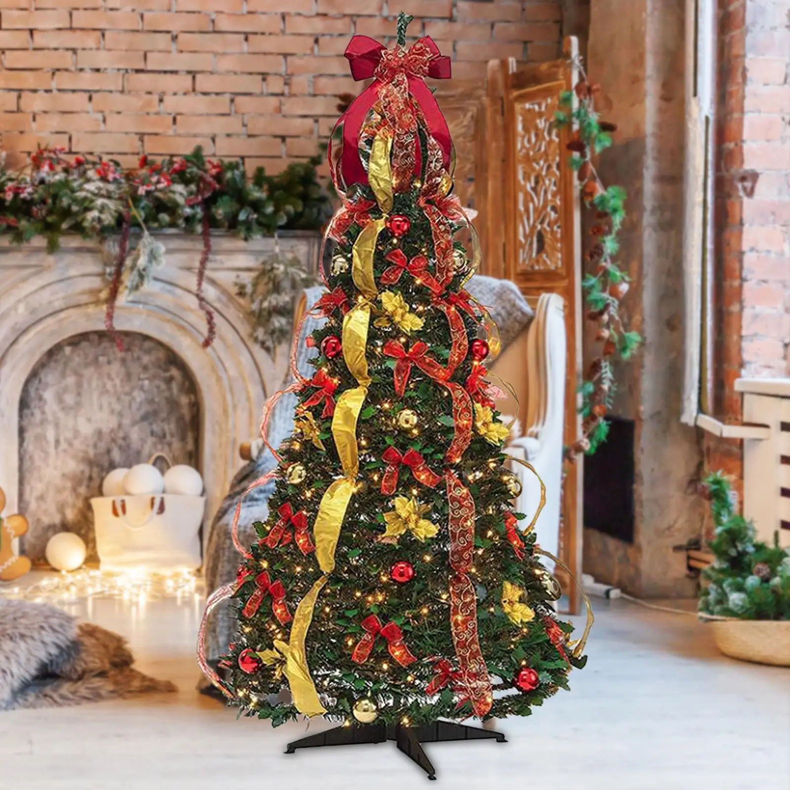 Foldable Christmas Tree 6 ft Easy Assembly Ornaments with Lights Lighted Xmas Tree for Office Outdoor Home Indoor Decoration