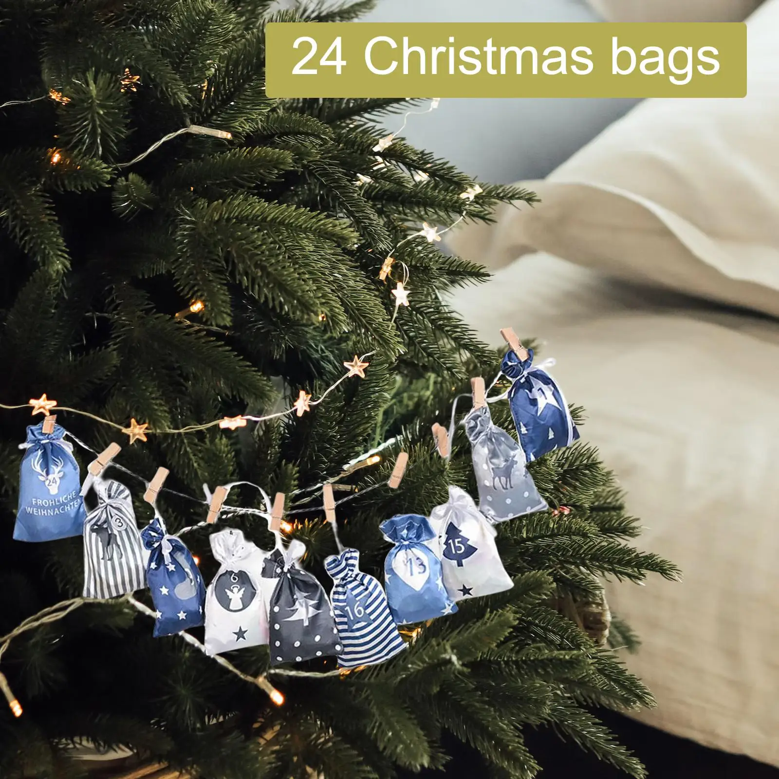 Advent Calendar Bags Christmas Wall Decor Clips Rope Labels Pocket Set Reciprocal Decoration for Living Room Birthday