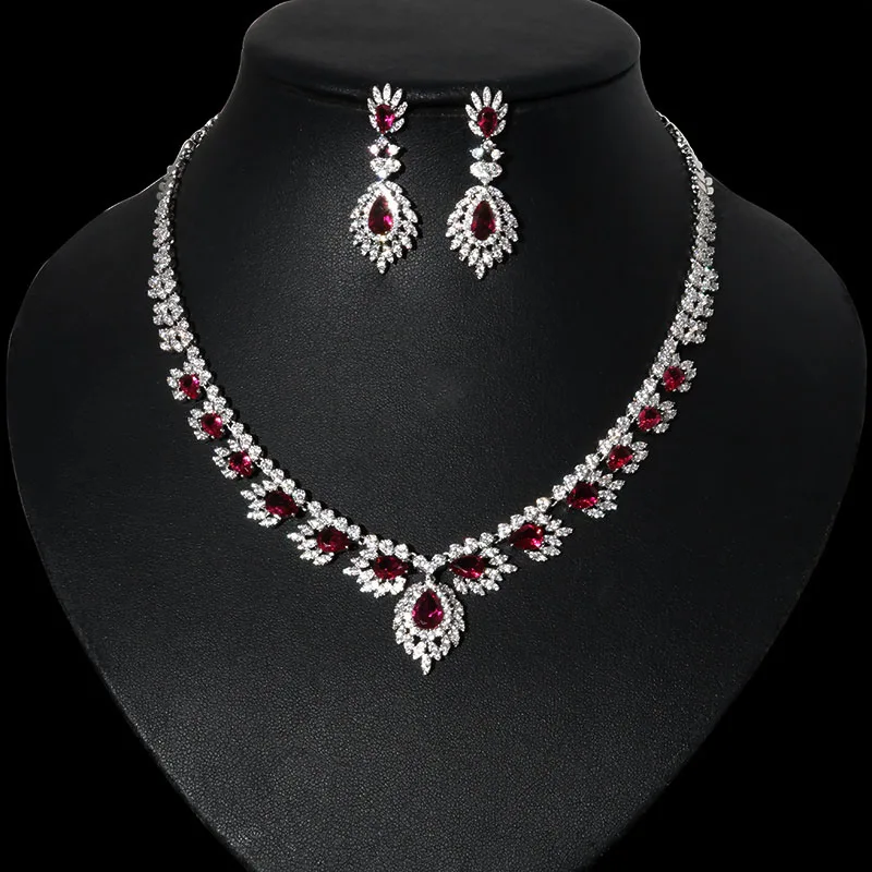na moda vermelho zircônia cúbica colar brincos conjuntos para casamento espumante cristal conjunto de jóias damas de honra presente indiano conjunto de jóias