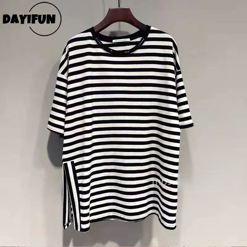 dayifun listrado camisas femininas plus size side slit pescoço manga curta camiseta verão solto meados de comprimento meia manga senhora