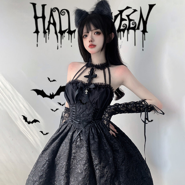 Gothic Lolita Cotton Halter Black Dress Sweetheart shops Neckline