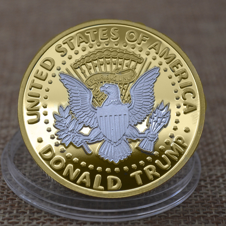 Gold-plated 'donald trump gold coin' with silver American eagle, embodying unity under the 'Save America Again' motto.