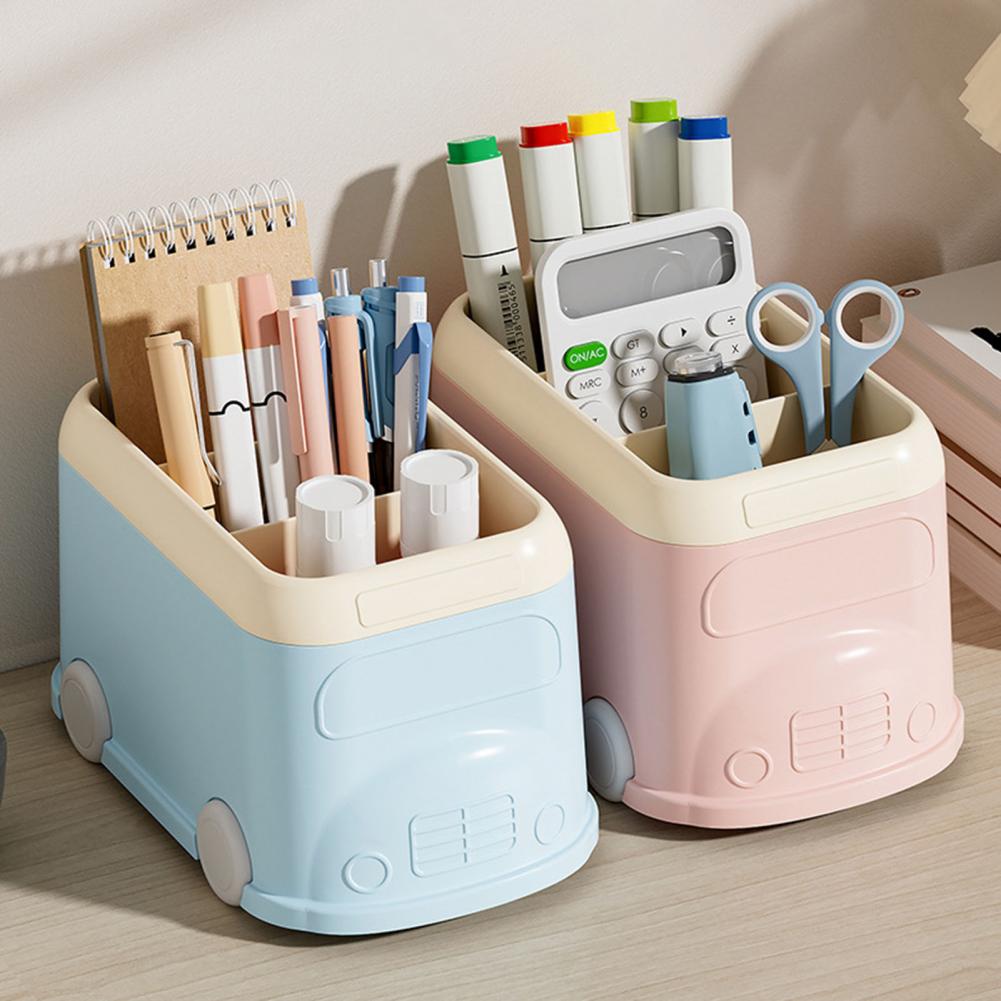 Desktop Pen Holder 3 Compartments Cute Bus Shape Multifunctional Stationery Pencil Organizer Container Storage Box