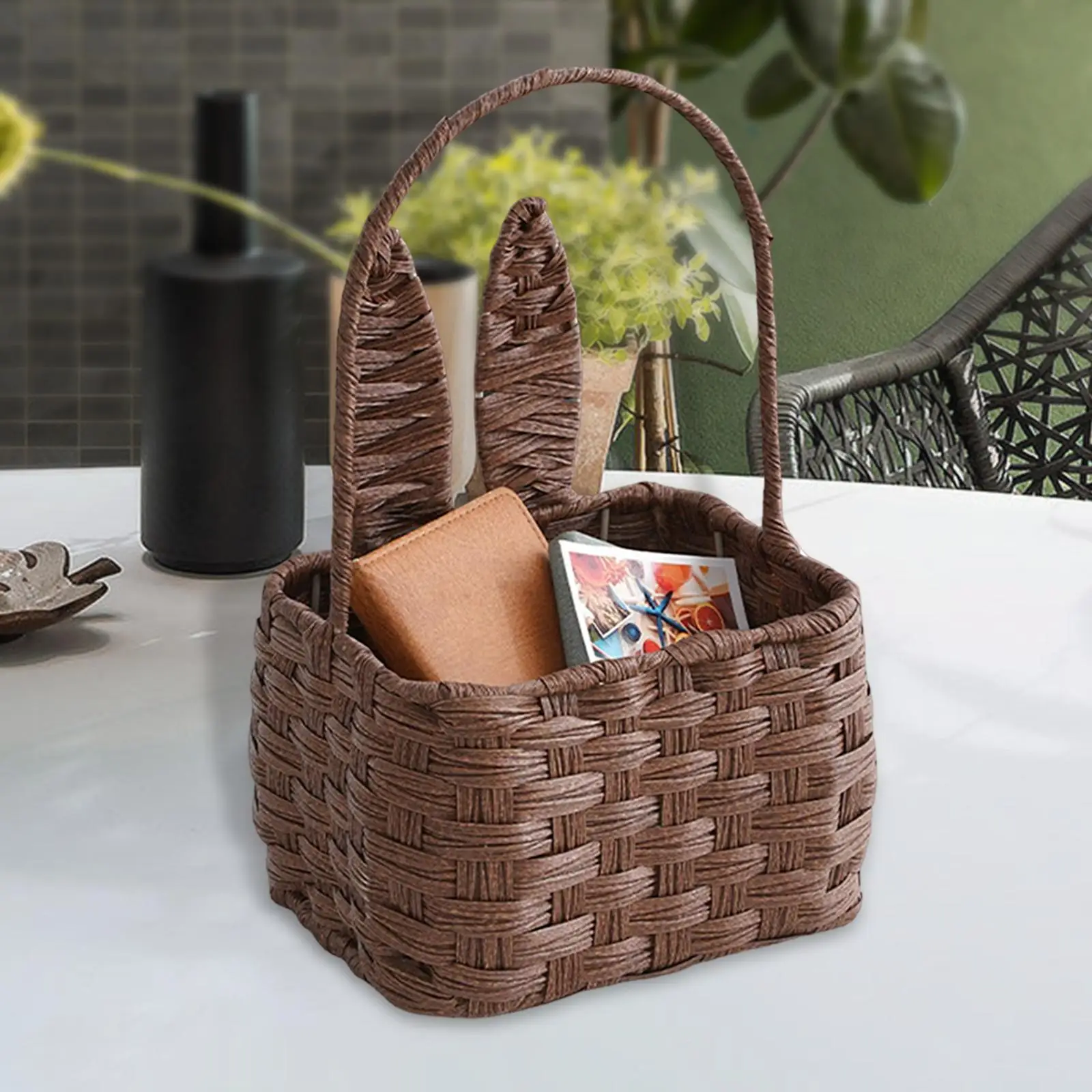 Portable Rabbit Ears Picnic Basket Handmade Best Gift Makeup Organizer with Handle Wicker Box for Camping Family Home Decoration