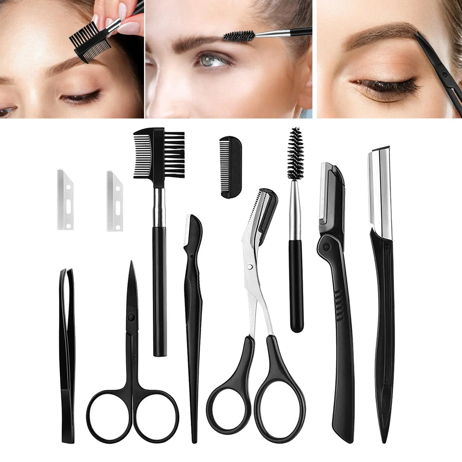 11 In 1 Pro Eyebrow Razor Facial Hair Trimmer Shaper Tweezer Scissors Brush Comb Eye Brow Grooming Kit for Men Women
