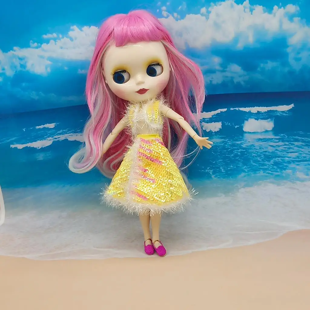 Sweet 12`` Doll Girl Princess Dress Top Jumpsuit Hat Summer Outfit for Neo Blythe Azone Licca Doll Costume ACCS (Yellow)