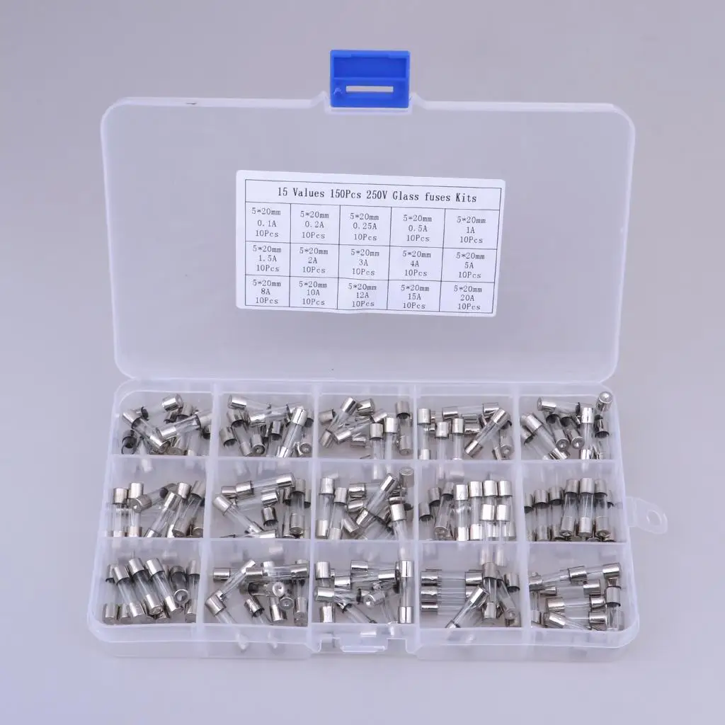 150 Pcs 5x20mm Safety Glass Fuse Assorted Kit Amp Fuse 0.1A-20A