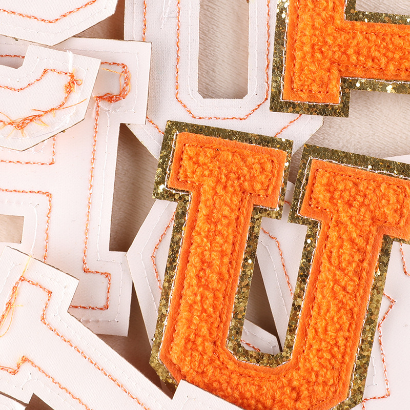 Description Picture 4 of item5.5CM Orange Chenille Letter Patches Iron on For Clothing Towel Embroidered Felt Alphabet Glitter Sequins Letters DIY Accessory