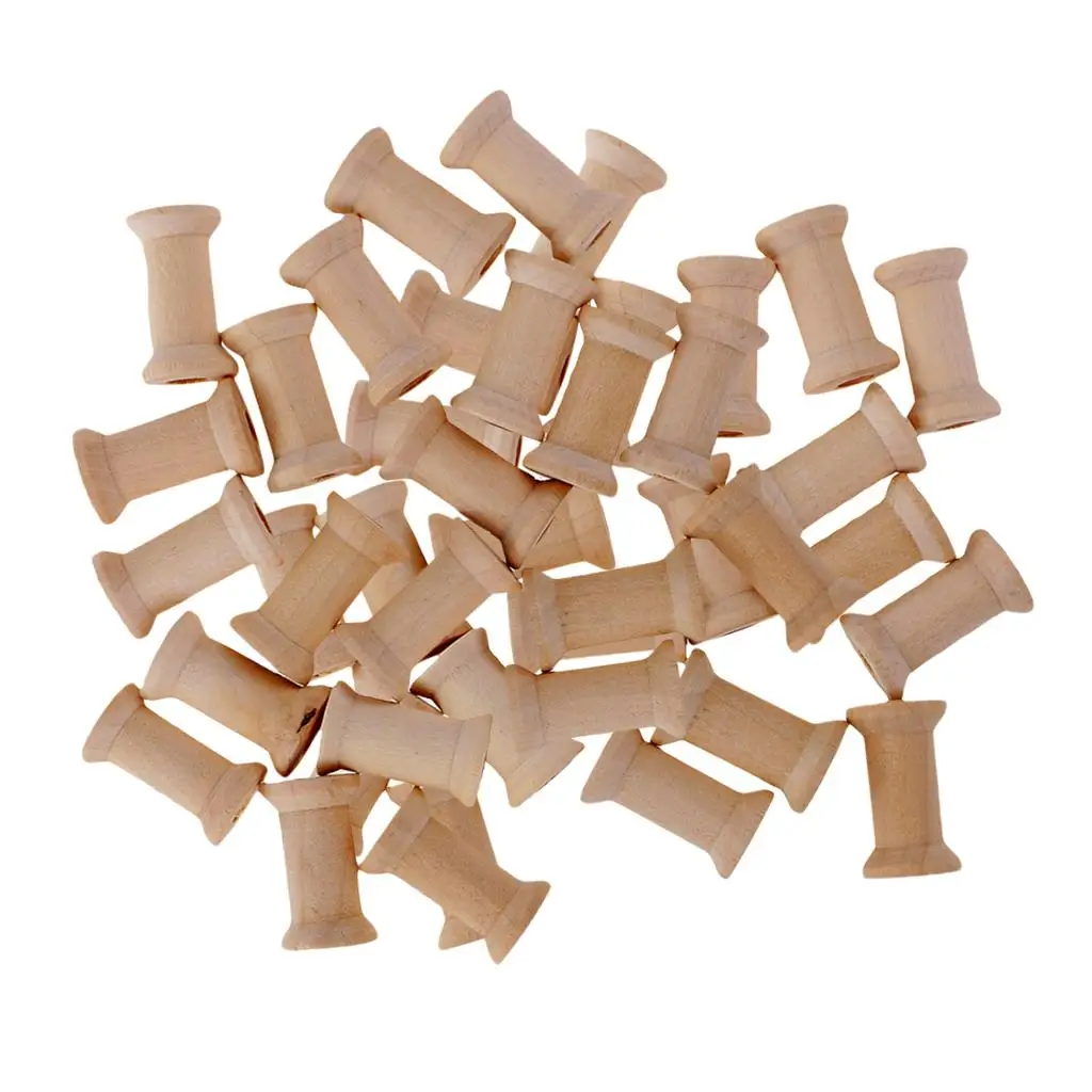 50 Pierces Empty Sewing Spools Natural Color Wooden Sewing Bobbins Sewing Thread Ribbon Holder Wire Rope Chain Thread Roll