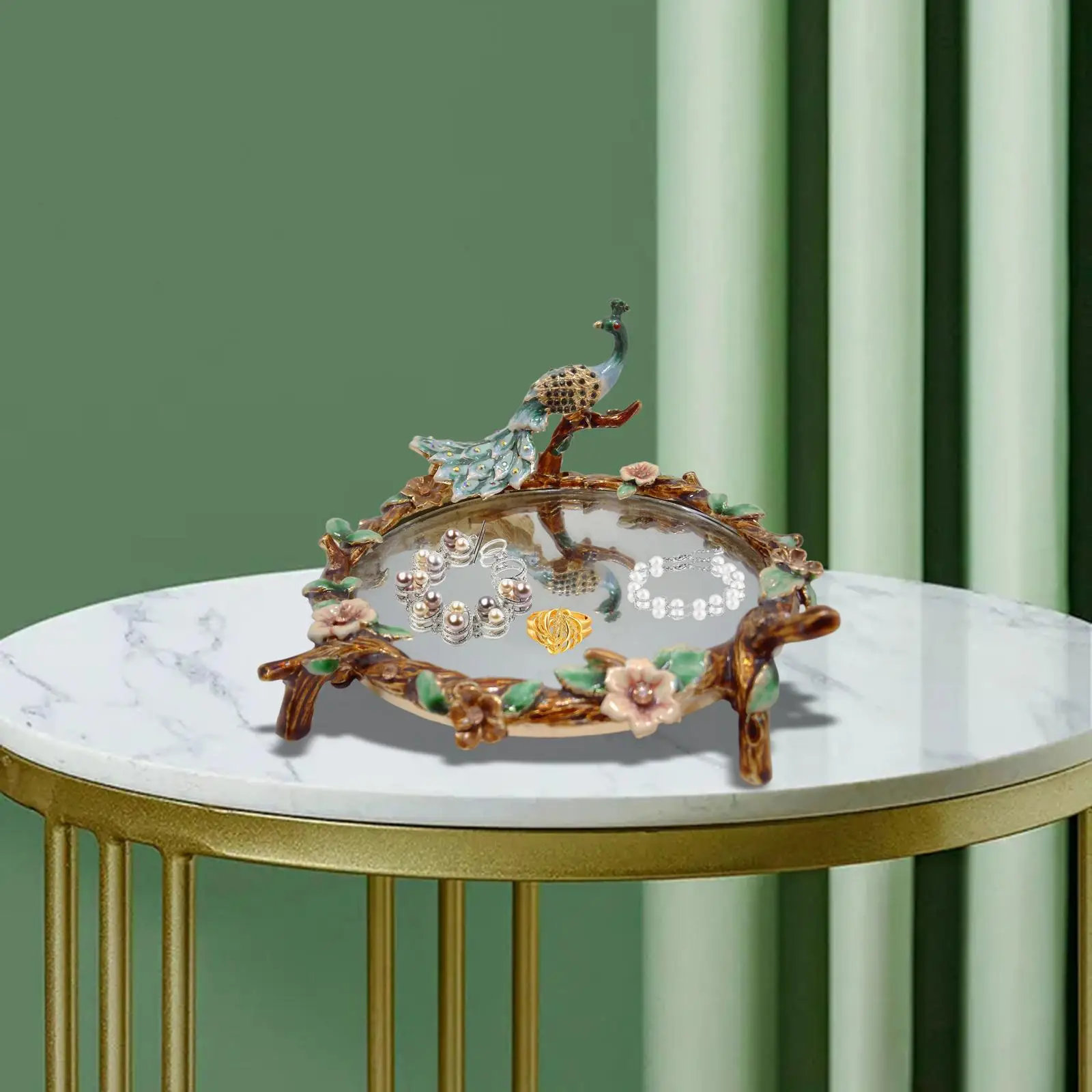 Decorative Mirror Tray Peacock Serving Tray for Countertop Dresser Makeup