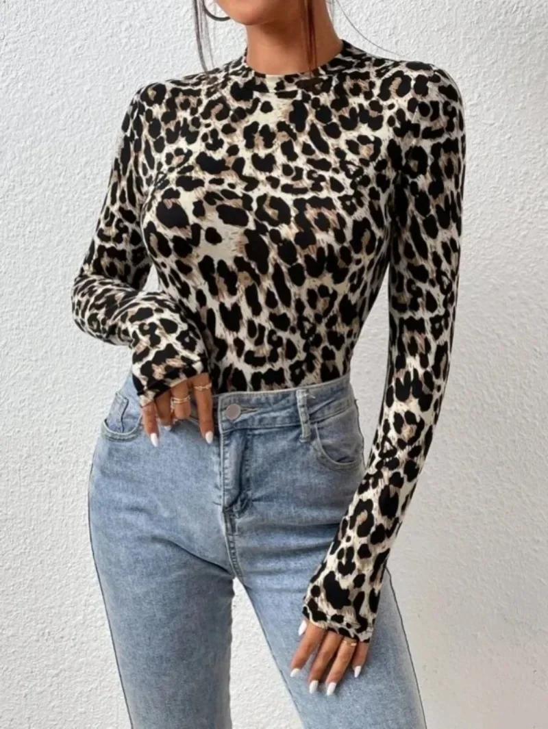 Leopard Print Bodysuit for Women - Sexy Tight Long Sleeve Stand Collar Top