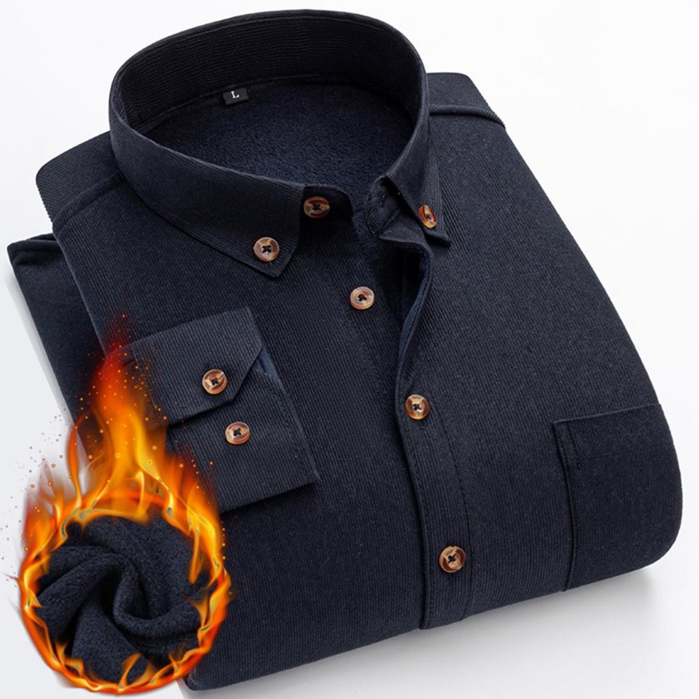 Men Fleece Shirt Single Breasted Lapel Warm Long Sleeve Autumn