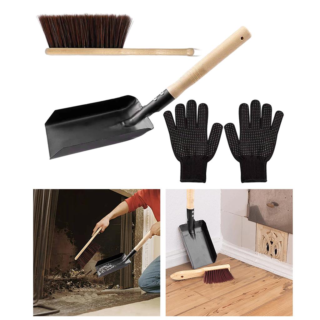 Fireplace Tools Ash Shovel and Hearth Brush Set Dust Shovel Firepit Gloves Hearth Tidy Fireside Wood Burner Accessories