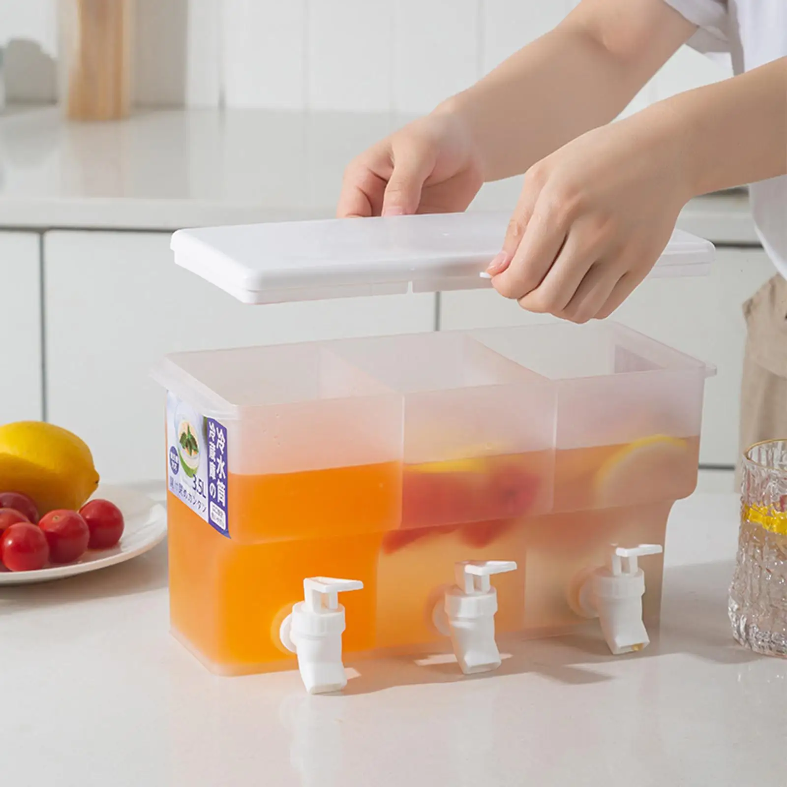 3.5L Cool Water Jug Bucket with 3 Faucets,Lemonade Bottle Fruit Teapot and Lid,Kitchen Gadgets Plastic Beverage Dispenser