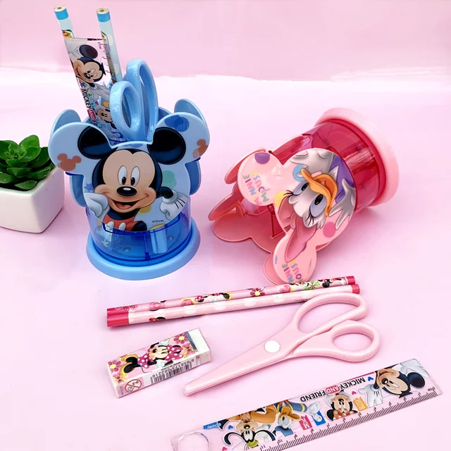 6 pezzi Disney Mickey Minnie set di cancelleria Cartoon portapenne rotante  forbici matita righello gomma bambini bambini materiale scolastico -  AliExpress