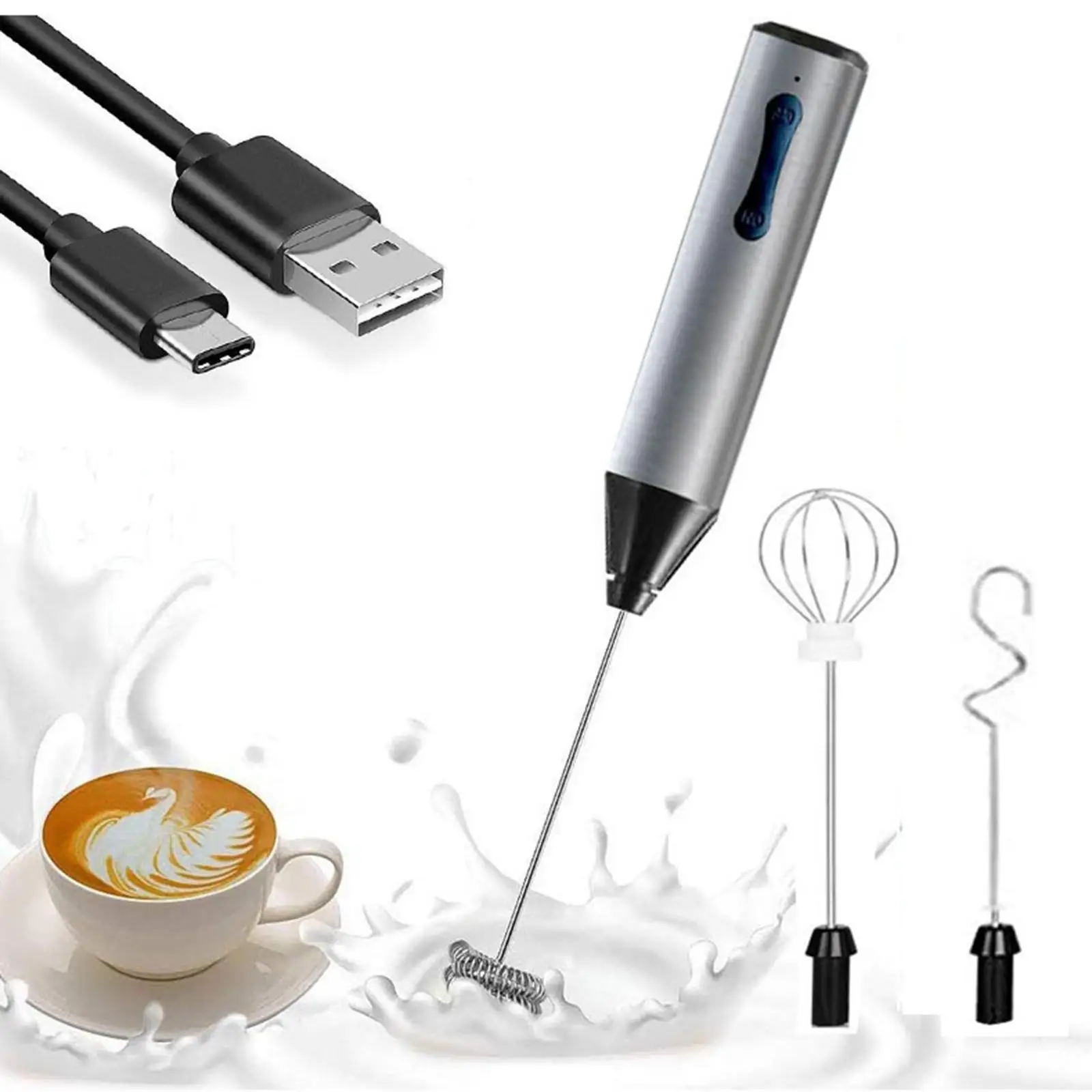 Portable Milk Frother Egg Beater with 3 Stainless Whisks 2 Speeds Type C Rechargeable Mixer Blender