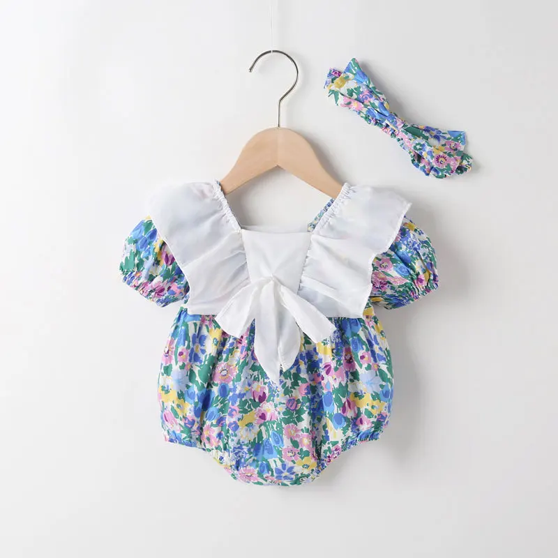 2022 New Summer Baby Clothes Girl Sweet 2 Pcs Sets Floral Bow Lace Baby Bodysuits+hat Party Birthday Princess Baby Rompers 0-18M baby bodysuit dress