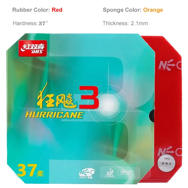 DHS-Hurricane 3 NEO Table Tennis Rubber, 37 Degrees Soft, Hurricane-3, Pips-in Ping Pong Sponge, No Need for a Booster